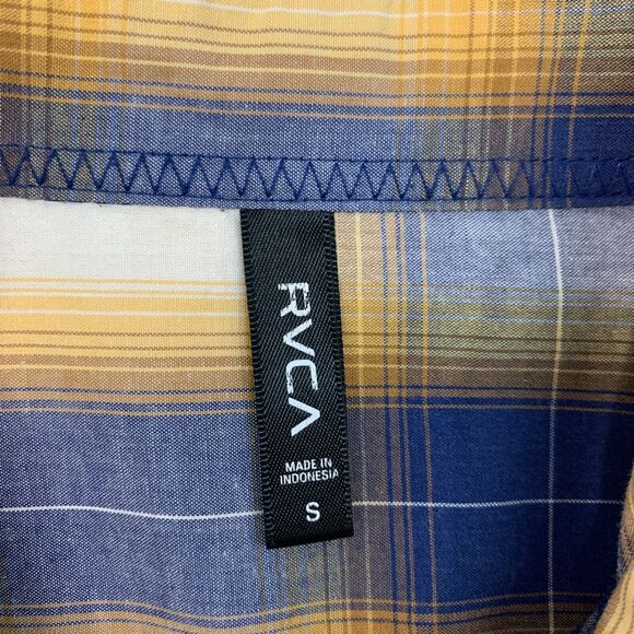 RVCA Shirt Mens S Small Yellow Blue Plaid Button Up Short Sleeve Drop Cut Pocket - Picture 4 of 12